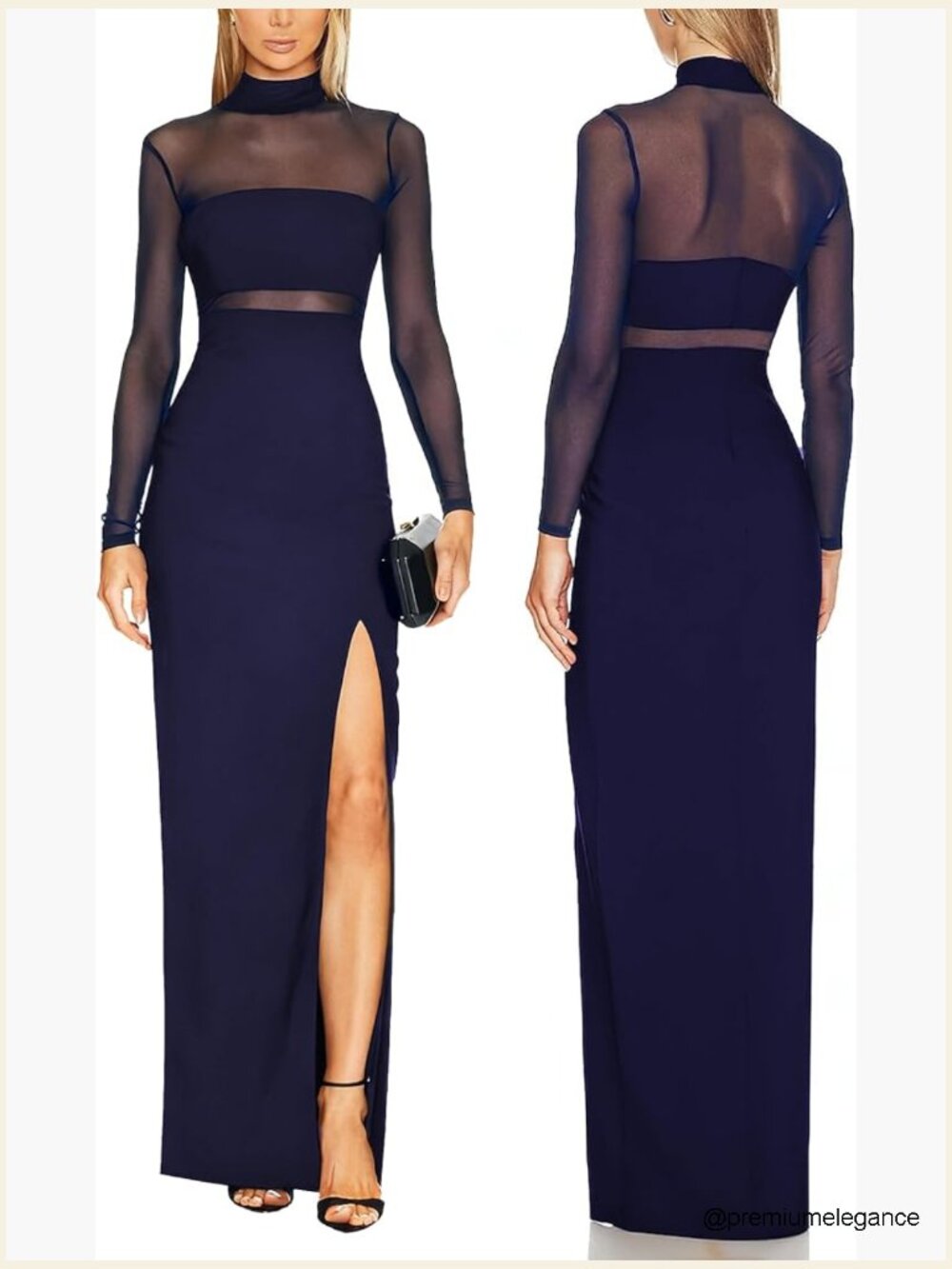 Sheer Mesh Long Sleeve Turtleneck Bodycon Maxi Dress Side Slit